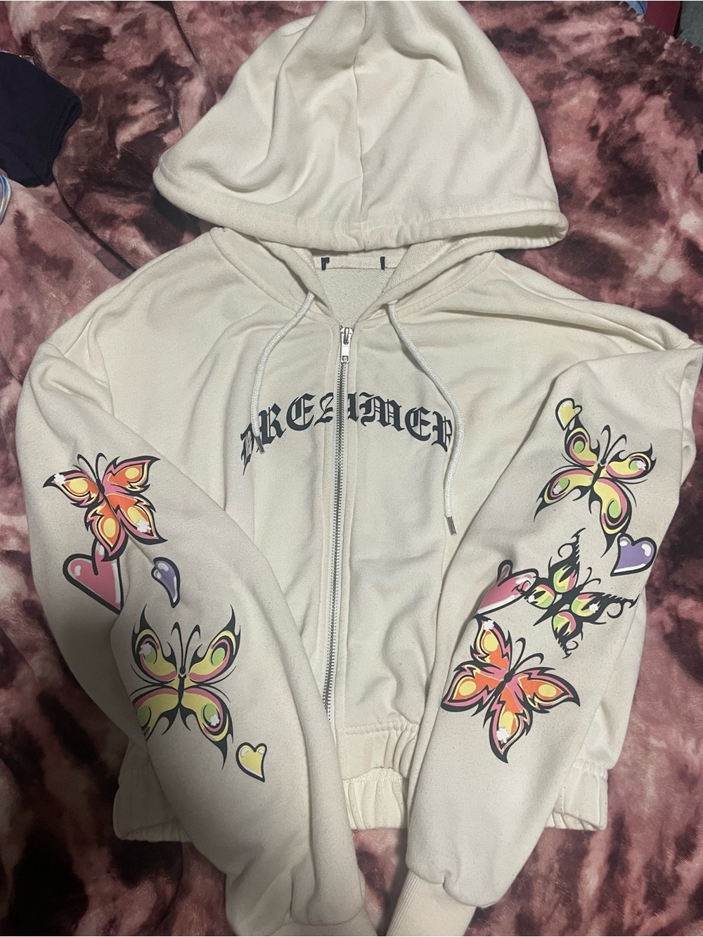 Forever 21 Cream Zip Hoodie with Colorful Butterfly Graphic